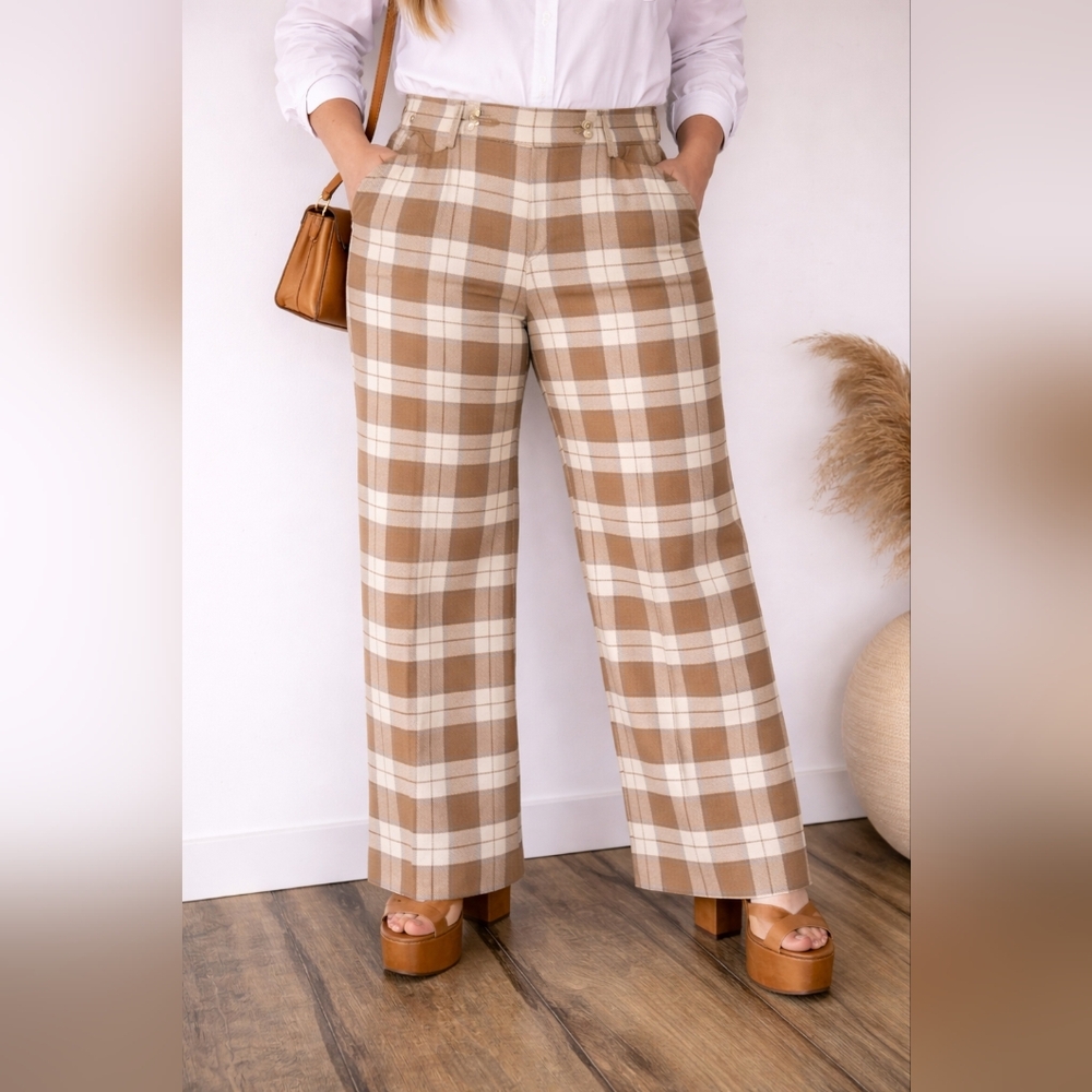 Vintage 70s Plaid Wide Leg Slacks High Rise Disco Pants | 37" Waist 38" Inseam
